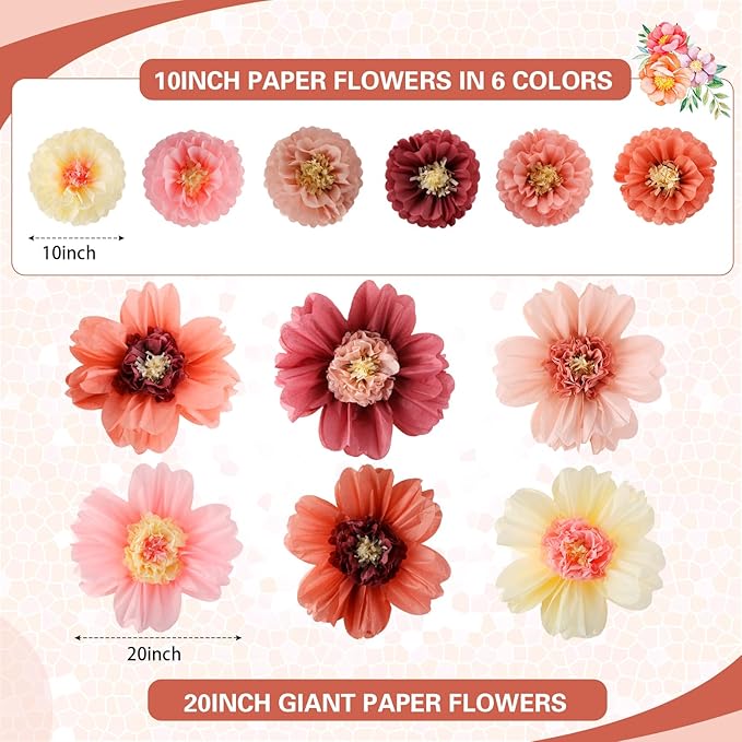 Crowye 24 Pcs Large Colorful Tissue Paper Flowers Decorations Giant Fiesta Craft Crepe Paper Flowers for Wall Decor Backdrop Mexican Wedding Birthday Carnival Party (10'' 20'',Vintage Color)