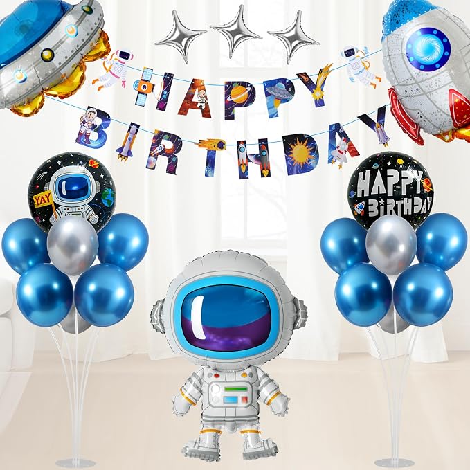 Outer Space Birthday Party Decorations, Space Themed Decor, Spaceship, Rocket, Astronaut Foil Balloon, Happy Birthday Banner, Balloon Stand Kit 2 Sets for Birth day Party Decor Boys