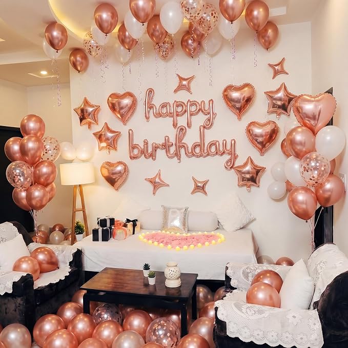 Realspring 170 Pcs Rose Gold Birthday Decorations for Women Birthday Room Decorations for Party Bedroom with Lipstick Heart Star Balloons Rose Gold Foil Fringe Curtains Pink Confetti Tea Light