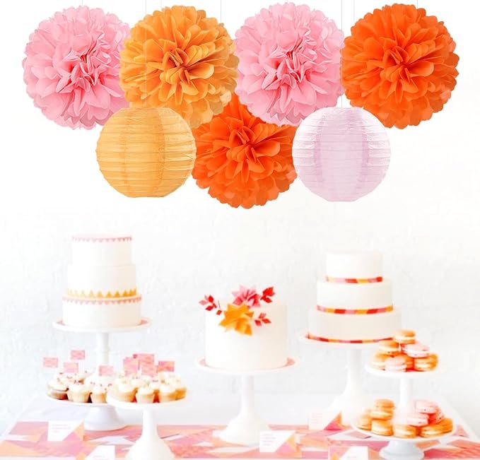 Pink-Orange Groovy Party-Decorations Paper-Flowers Lanterns - 15PCS Baby Shower Tissue Pom Poms Streamers, Fall Wedding Boho Birthday Bridal Bachelorette Sunset Hanging Supplies Decor Hugfond