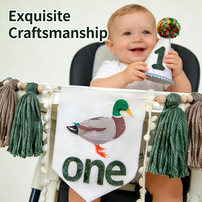 One Lucky Duck 1st Birthday Decorations- Mallard Duck Hunting High Chair Banner，One Lucky Duck Highchair Banner First Birthday with Cake Topper, Party Hat Mallard Duck Birthday Party Supplies