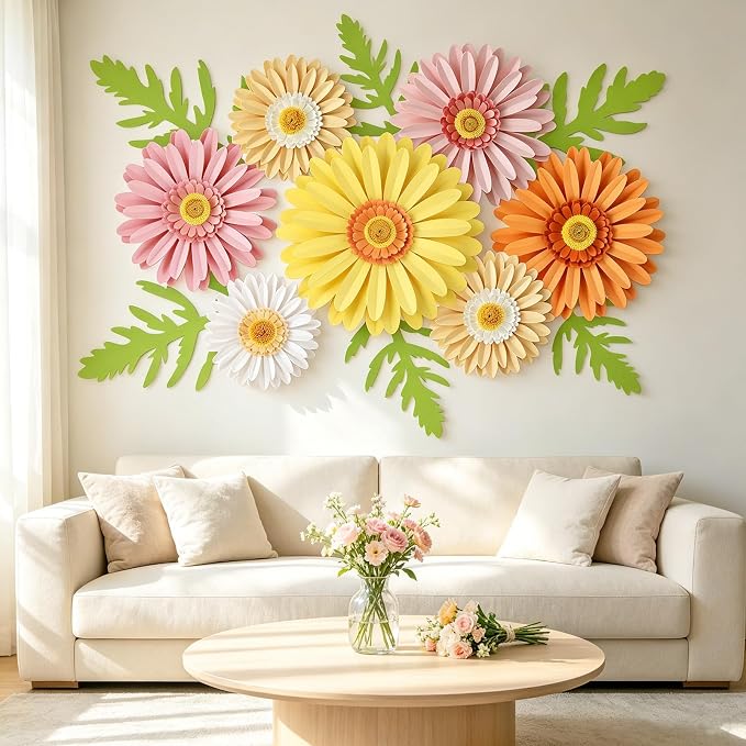 SUNBEAUTY Paper Flowers Decorations for Wall 3D Giant Daisy Artificial Flowers Bulletin Board Decoration Floral Paper Flowers Hanging for Spring Classroom Office Decor Wedding Baby Shower Garden Party
