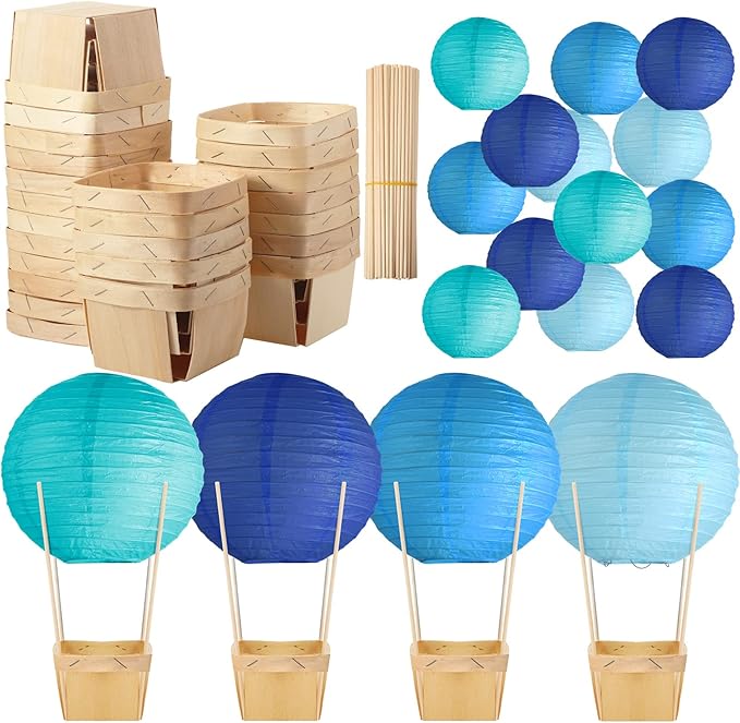 Namalu 24 Set Hot Air Balloon Table Centerpieces Baby Shower Party Decoration Paper Lanterns with Wooden Basket Sticks for Summer Birthday School DIY Craft(Blue Series)