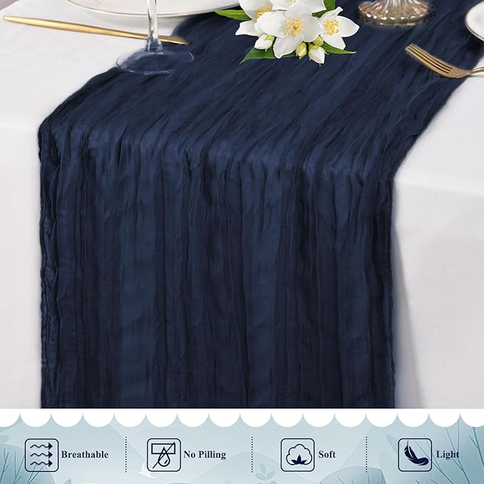 8 Pack Navy Blue Cheesecloth Table Runner 10FT Long Boho Gauze Fabric Table Runner Vintage Rustic Sheer Runners for Wedding Party Bridal Baby Shower Table Decorations
