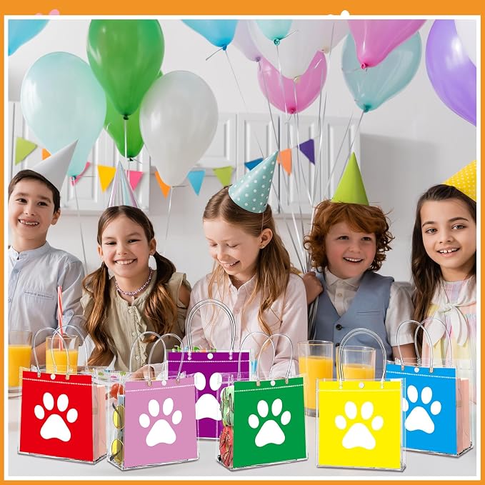 Teenyyou 24 Pcs Dog Paw Clear PVC Gift Bags with Handle Puppy Party Favor Reusable Plastic Wrap Tote Goodie Candy Treat Gift Bags Transparent for Puppy Pet Theme Birthday Party Supplies