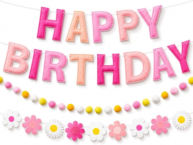 Mindsoft Felt Birthday Decorations Pre Strung 3D Felt Happy Birthday Banner with Fabric Flower Garland, Colorful Ball, Party Decorations for Women Men Boys Girls(Pink,Cute)