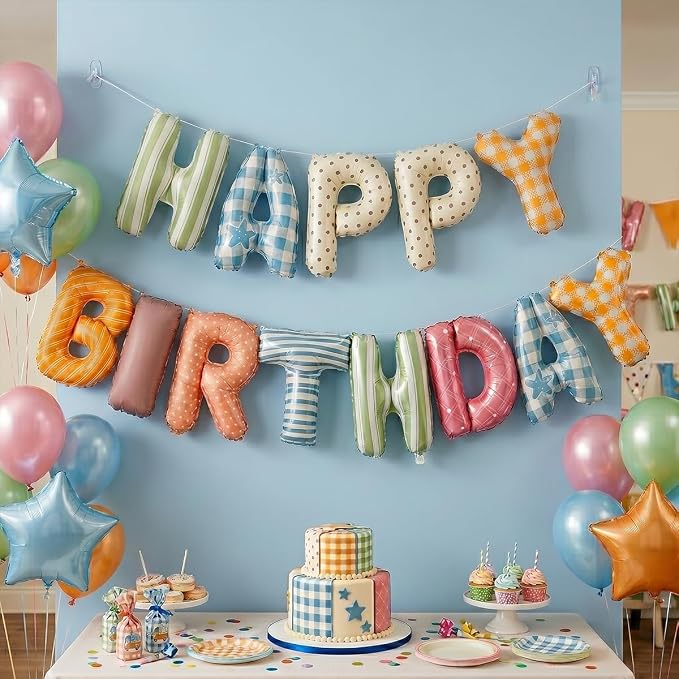 Colorful Happy Birthday Banner Foil Letter Balloon, 14 Inch 3D Plaid, Polka Dots, Stripes Patterned Reusable Mylar Foil Letters, Birthday Decorations (Birthday Banner 1)