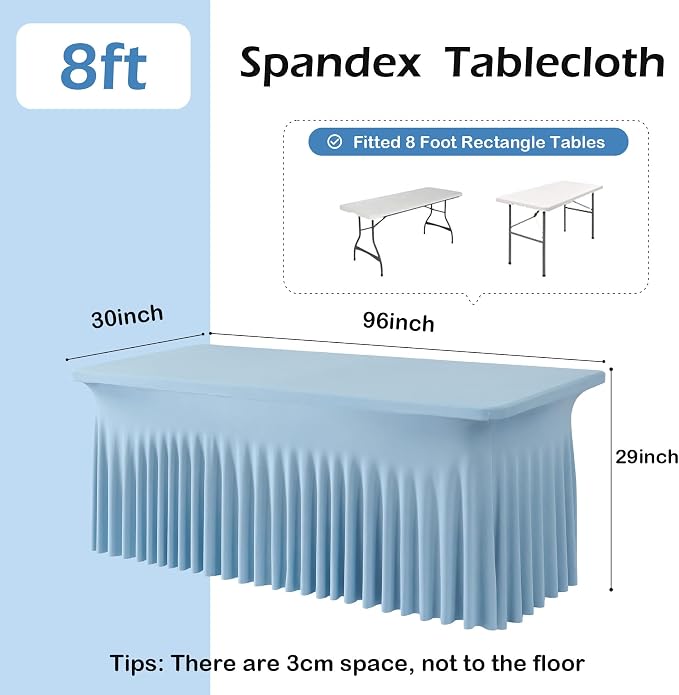 NSSONBEN 2 pk Dusty Blue Spandex Tablecloth for 8 Foot Rectangle Tables,Wrinkle Free Fitted Spandex Table Covers 8ft Stretch Table Cloths with Ruffle Skirt for Parties Weddings Banquet Baby Shower