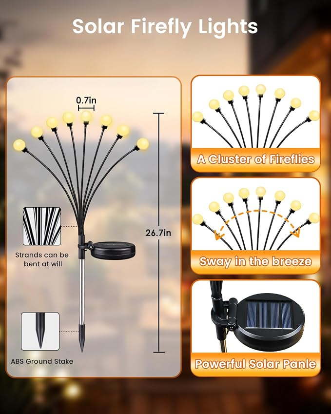 OZS 10 Pack Total 80 LED Solar Firefly Lights Fairy Outdoor - Solar Garden Lights Outdoor, Sway by Wind, Waterproof for Garden Patio Pathway Fairy Decor (Warm White)