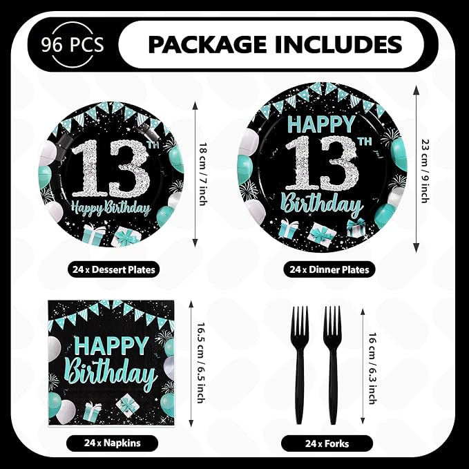 96Pcs 13th Birthday Party Supplies Teal Blue and Black Plates and Napkins Disposable Turquoise Teenager 13 Years Old Paper Tableware Set for Boys Girls 13th Birthday Party Decorations Serves 24