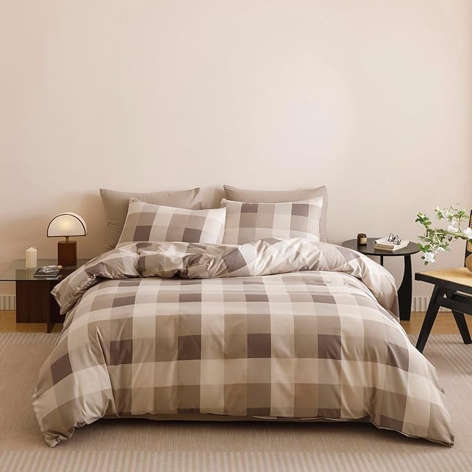 KAREVER Gingham Checkered Comforter King Khaki Plaid Bedding Set Boys Girls Colorful Grid Cottagecore Blanket King