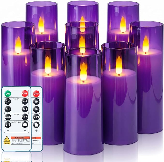 Homemory Purple Battery Operated Flameless Candles with Remote and Timer, Flickering LED Pillar Candles, Acrylic Decorative Candles for Home Decor, Weddings, Parties and Holidays, 9 Pack