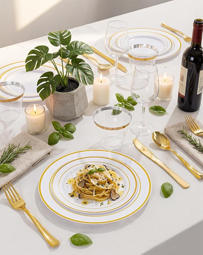 bUCLA 600Pcs White and Gold Plastic Plates - Gold Disposable Dinnerware Set for 100 Guests Include 100 Dinner & 100 Dessert Plates, 100 Cups, 100 Forks, 100 Spoons, 100 Knives for Party