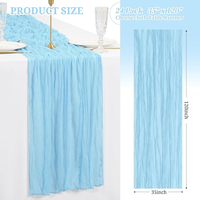 24 Pack Baby Blue Cheesecloth Table Runner 10Ft Boho Gauze Cheese Cloth Table Runner 35x120 Inch Long Rustic Sheer Table Decor for Wedding Decor Arch Draping Valentine's Day Easter Holiday Party
