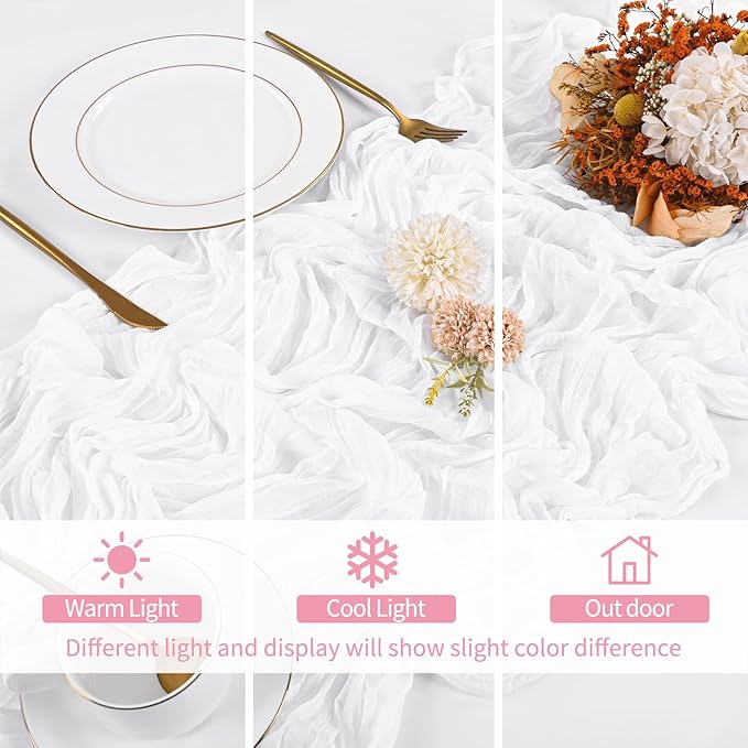 8 Pack White Cheesecloth Table Runner 120 Inch 10FT Boho Rustic Sheer Gauze Cheese Cloth Table Runner for Wedding Baby Shower Birthday Party Table Decor