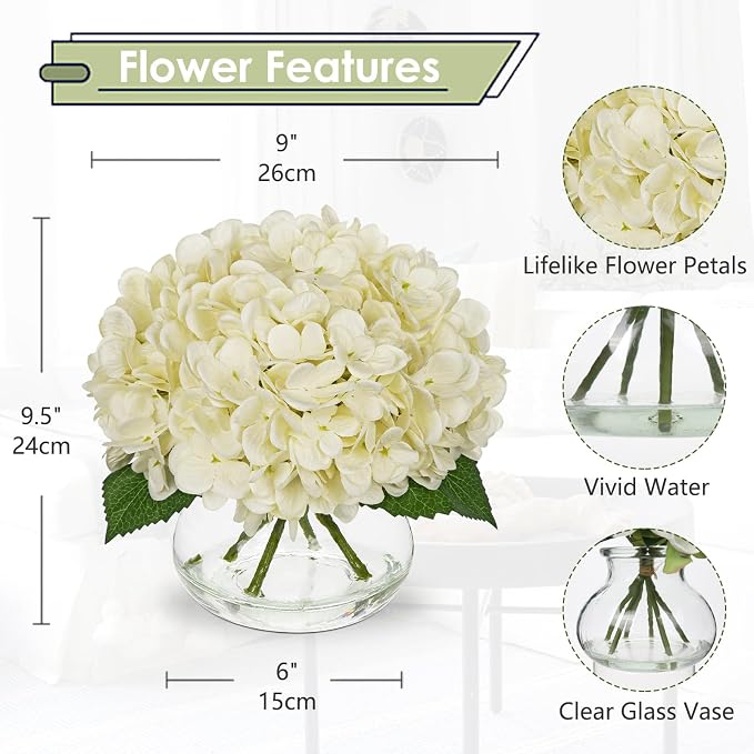 Hollyone Ivory White Hydrangea Artificial Flowers with Glass Vase Green Silk Faux Flowers Arrangements in Vase with Faux Water Fake Floral Bulk Bouquet for Home Decor Table Centerpiece Decorations