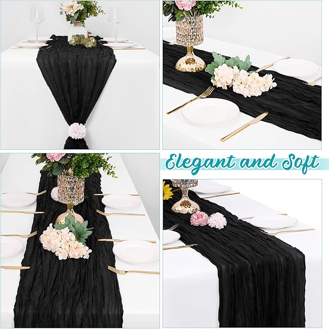 8 Pack Black Cheesecloth Table Runners 20x120 Inch Gauze Table Runner Cheese Cloth 10FT Black Table Runner Rustic Sheer Runner for Wedding Baby Shower Birthday Party Table Decor