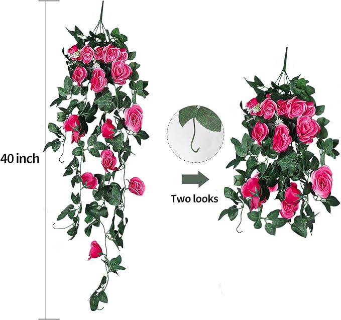 RECUTMS 2PCS Artificial Hanging Flowers 3.3Ft Fake Flower Plants for Home Room Garden Wedding Indoor Outdoor Decoration (Rose Red)