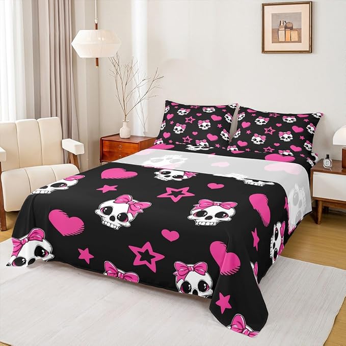 Cartoon Skull Bed Sheet Set Twin Size,Halloween Theme Cute Skeletons Sheet Set Kids Teens,Pink Hearts Stars Bow Black Bedding Decor Set with 1 Flat & 1 Fitted Sheet with 1 Pillow Sham