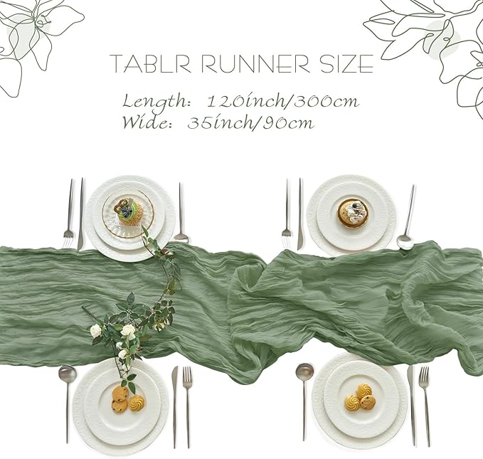 IVAPUPU 2 Pcs Cheesecloth Table Runner - 10ft Sage Green Boho Rustic Gauze Cheese Cloth Table Runner for Baby Shower Decorations Wedding Party Spring Garden Farmhouse Mothers Day Decor