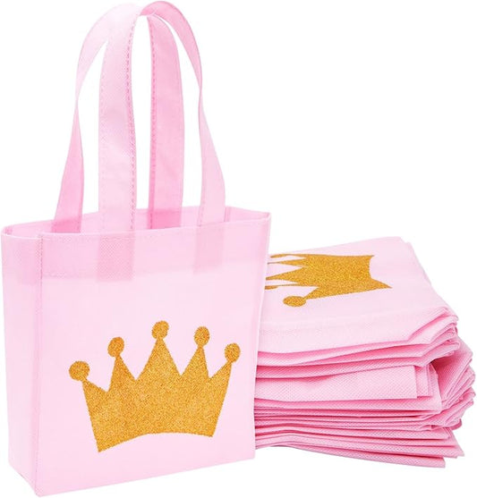 BLUE PANDA 24-Pack Princess Party Favor Bags - 6.5 x 7 x 2 in Pink Canvas Pouches - Reusable & Non-Woven Crown Treat Pouches - Bags for Princess Birthday Party Decorations