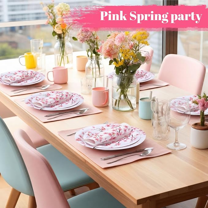 Funnymoom 200 Pcs Cherry Blossom Party Supplies Serve 50 Guests Pink Spring Floral Paper Plates and Napkins Japanese Disposable Dinner Dessert Plates for Bridal Shower Wedding Party