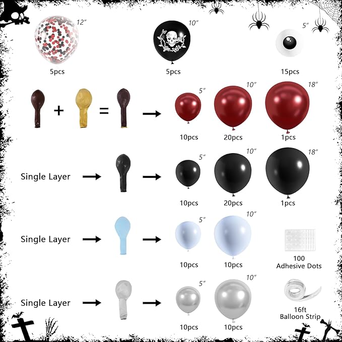 Halloween Balloon Garland Arch Kit, JZCZOEB 133Pcs Double Stuffed Red Black Blue Chrome Silver Balloons for Rose Skull Gothic Spooky Horror Theme Birthday Baby Shower Halloween Party Decorations