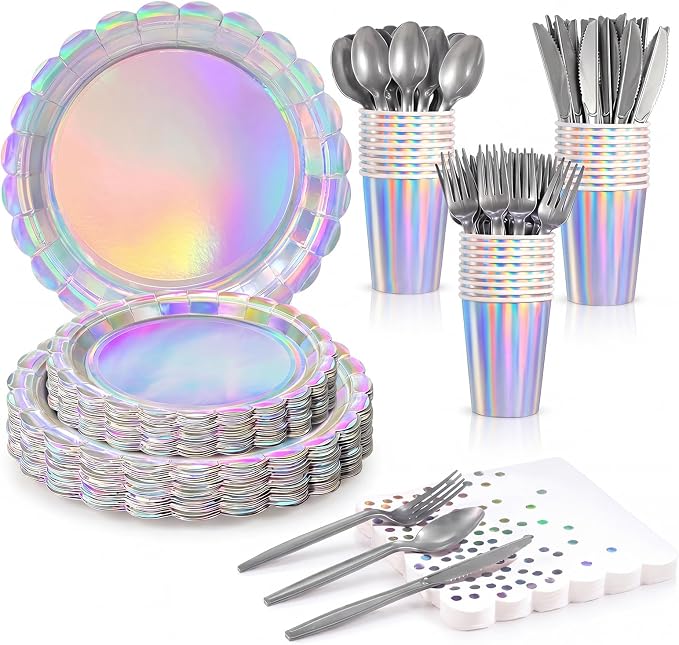 175 Pcs Iridescent Party Plates and Napkins, Iridescent Party Decorations Include Scalloped Holographic Paper Plates and Napkins Set for Birthday, Mermaid, Disco, Frozen
