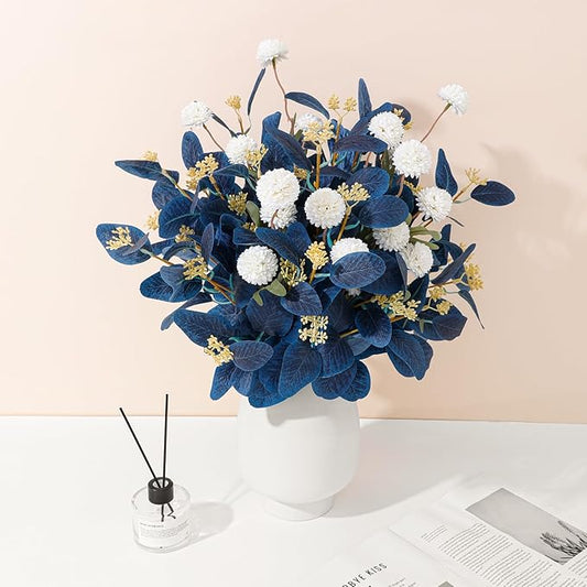 Dallisten Fake Flowers for Vase, 16 pcs Faux Silk Pompom Mum Artificial Flowers with Eucalyptus Stems, Mini Floral Long Stem Arrangements for Home Decor, Wedding, Table Centerpieces DIY Floral Designs