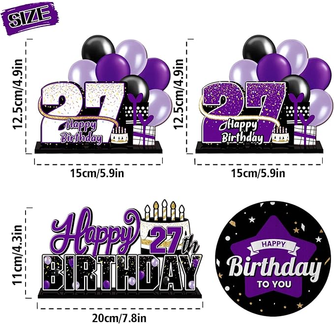 LINGTEER Happy 27th Birthday Purple Acrylic Table Topper Centerpieces Set - Cheers to 27 Years Old Birthday 27th Bday Party Gift Decorations.