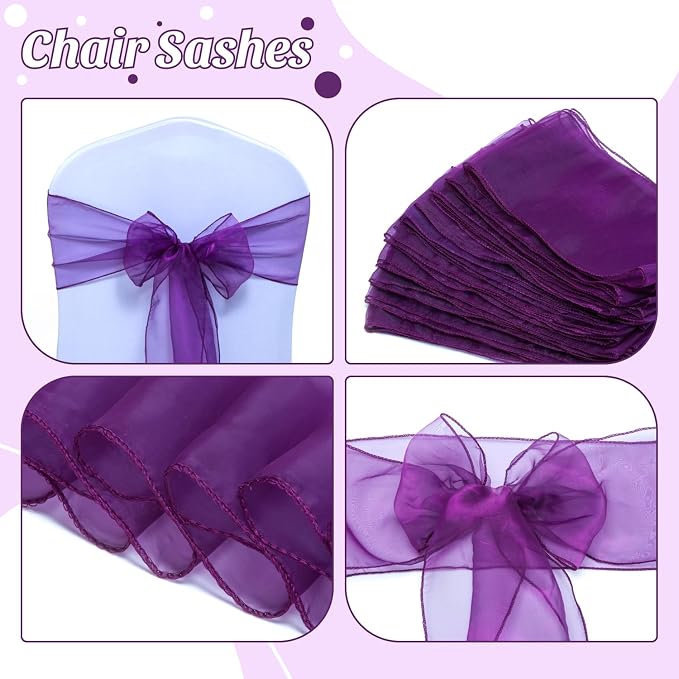 MDS® Pack of 25 Organza Chair Sashes for Wedding Decoration, Reusable Sheer Chair Bows for Banquet Chair Cover, Reception, Bridal Shower, Baby Shower, Birthday Party & Special Events - Dark Purple