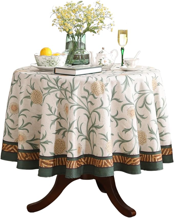 patdrea Vintage French Linen Tablecloth,Round,Diameter 55"-Botticelli | Elegant Table Cloth for Round Table,Sage Green Floral Vine Patterned,for Dining Room Tea Party Thanksgiving