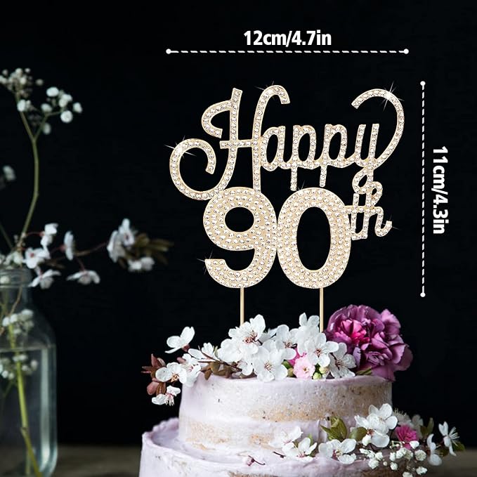 LINGTEER Happy 90th Birthday Gold Rhinestone Cake Topper - Cheers to 90th Birthday Ninety Years Old Anniversary Party Cake Centerpieces Topper Decorations Gift Sign.