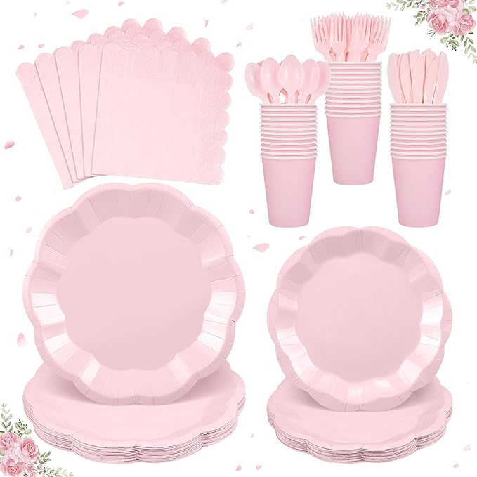 175 Pcs Pink Paper Plates and Napkins Set Include 9" Mothers Day Plates, 7" Dessert Plate Disposable Scalloped Tableware Serve 25 Guest for Wedding Baby Shower Bridal Shower Birthday Mother's Day