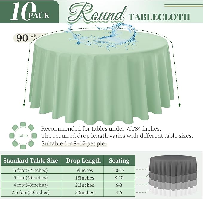 10 Pack Sage Green Round Tablecloth 90 Inch, Waterproof Polyester Fabric Table Cloth for Round Tables, Stain Wrinkle Resistant Tablecloths Washable Table Cover for Wedding Dining Party Banquet