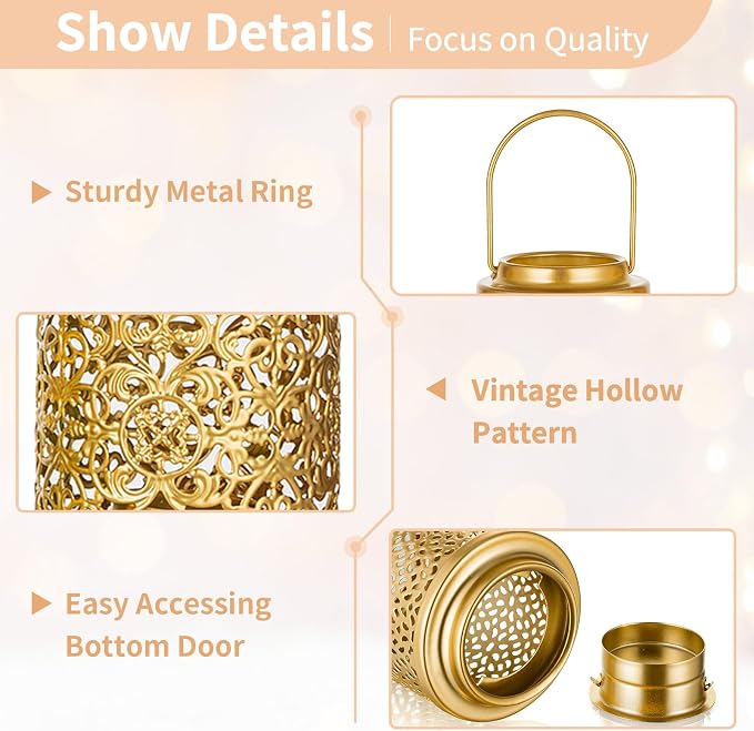 NUPTIO Gold Candle Lanterns Decorative: 6 Pcs Hanging Metal Tealight Candles Holder 4.1inch Brass Mini Tea Light Lantern Centerpiece for Weddings Bridal Shower Anniversary Table Decor (Style 3)