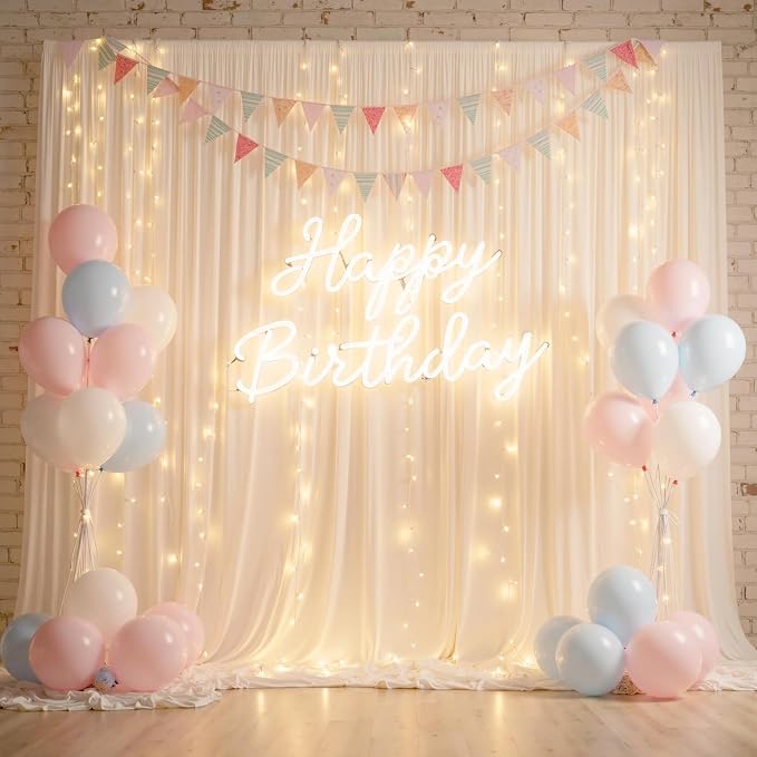 60ft x 10ft Wrinkle Free Ivory Backdrop Curtain for Parties, 12 Panels 5x10ft Silky Polyester Ivory Wedding Backdrop Drapes Photo Back Drop Cloth for Birthday Baby Shower Photography Background