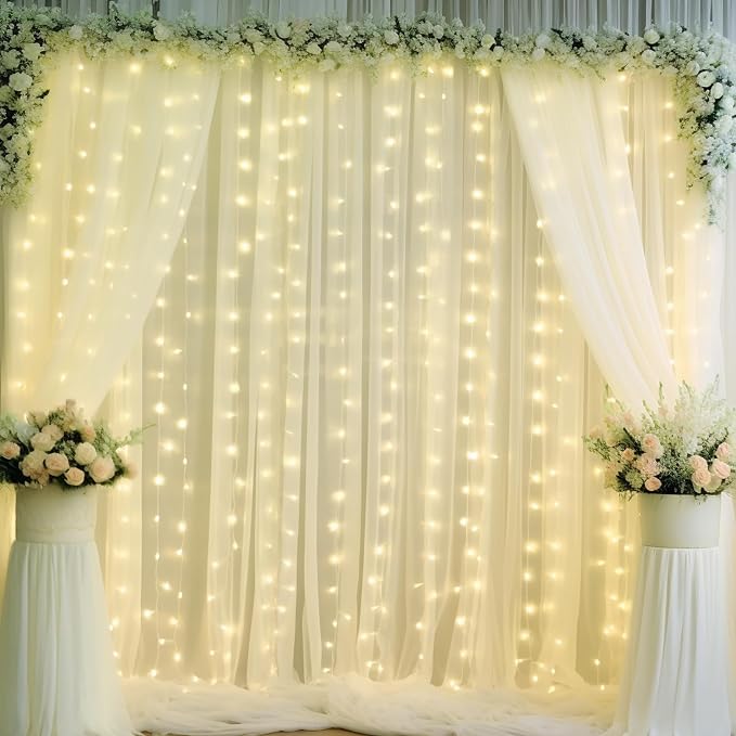 10ft x 10ft Beige Chiffon Backdrop Curtain with Lights String for Parties,2 Panels Sheer Chiffon Curtain Wedding Backdrop with Lights for Baby Shower Birthday Party Ceremony Reception Home Decorations
