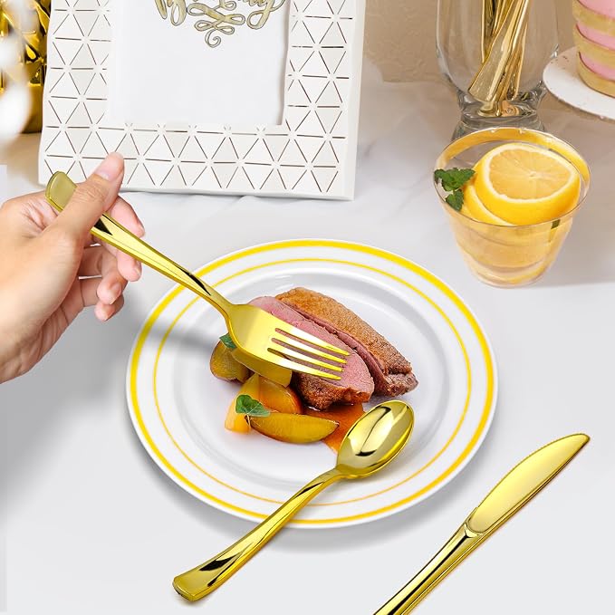 150PCS Gold Plastic Plates Set for 25 Guests, Disposable Dinnerware Set of 25 Small Dessert Plates 7.5", Cups 9" ,Champagne Flutes Cups 5", Spoons, Forks, Knives for Birthday Wedding & Party Supplies