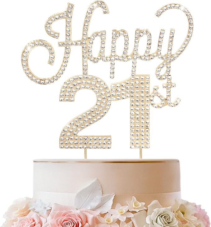 LINGTEER Happy 21st Birthday Gold Rhinestone Cake Topper - Cheers to 21st Birthday 21 Years Old Party Cake Centerpieces Topper Decorations Gift Sign.