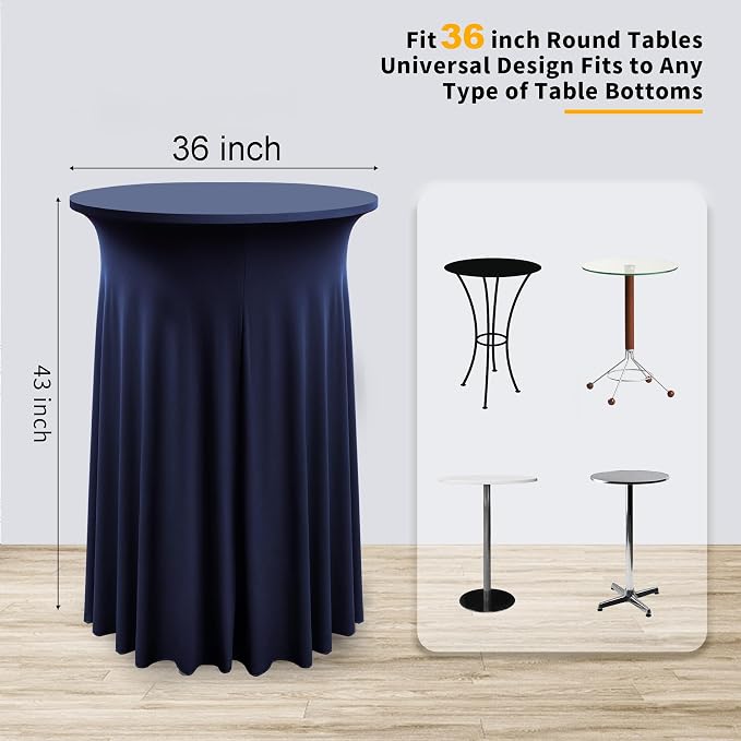 4 Pack Navy Blue Round High Top Cocktail Table Cloth 36inch×43inch Wrinkle Free Stretch Spandex Cocktail Tablecloths Table Covers for Cocktail Party Wedding Banquet Birthday Graduation