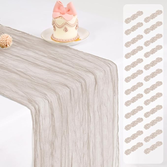 24 Pack Brown Grey Cheesecloth Table Runner, Long Romantic Semi Sheer Rustic Boho Gauze Table Runners for Wedding Bridal Shower Birthday Party Decorations(17.7×108 Inch)