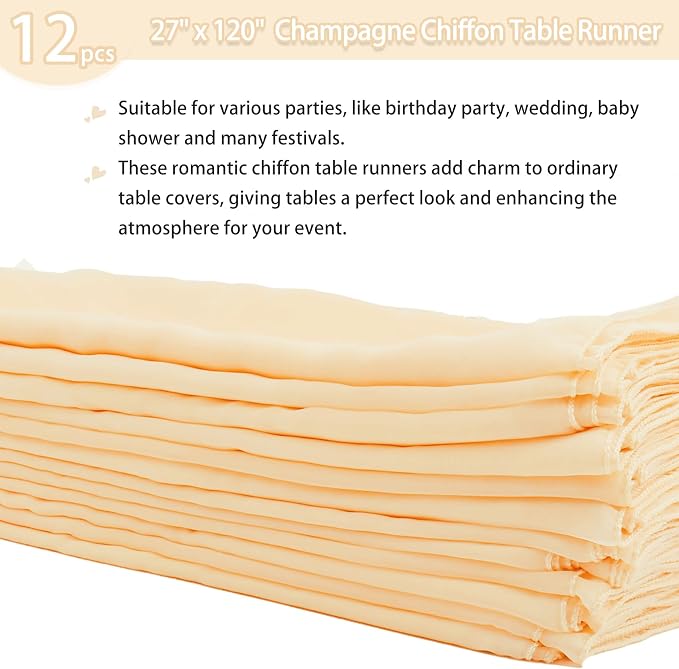 Fivenl 12 Packs 10Ft Chiffon Table Runner Champagne Sheer Table Runner Romantic Chiffon Table Runners for Wedding Birthday Party Bridal Baby Shower Table Decoration (27" x 120", Champagne)