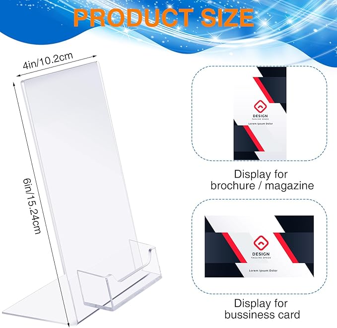 Remerry 12 Pcs Acrylic Sign Holder with Business Card Holder Slanted Paper Stand Clear Brochure Display Stand Heavy Duty Plastic Signs for Office Table Advertisement Flyer (4 x 6 Inch)