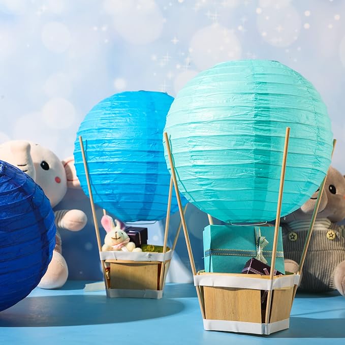Namalu 24 Set Hot Air Balloon Table Centerpieces Baby Shower Party Decoration Paper Lanterns with Wooden Basket Sticks for Summer Birthday School DIY Craft(Blue Series)