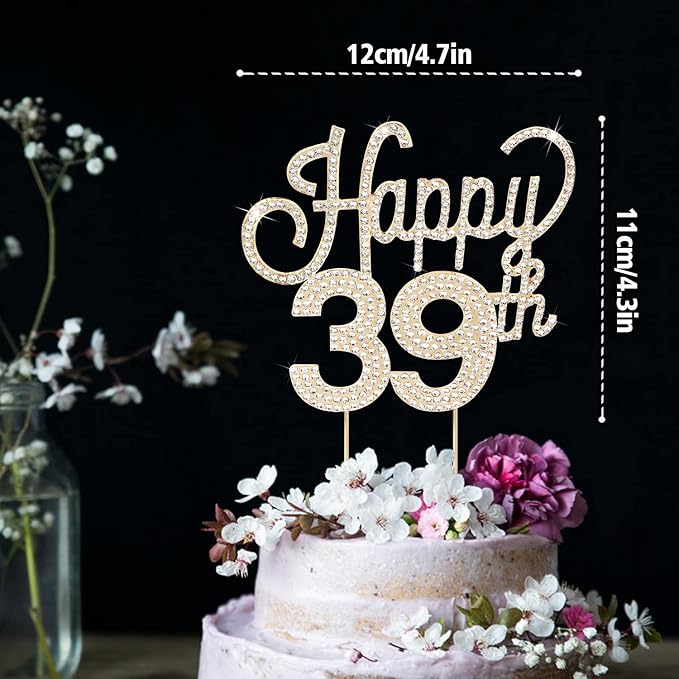 LINGTEER Happy 39th Birthday Gold Rhinestone Cake Topper - Cheers to 39th Birthday 39 Years Old Anniversary Party Cake Centerpieces Topper Decorations Gift Sign.