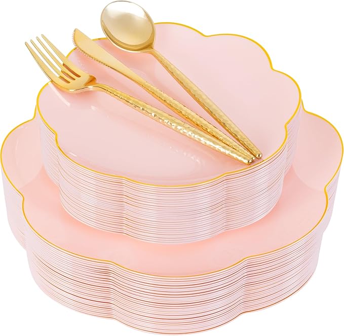 LIYH 150 Pcs Pink Dinnerware Set Pink Plastic Plates and Gold Silverware Set Gold Flower Edge Design Flower Plates Suitable for Wedding Birthday Bridal Shower(30 Guests)