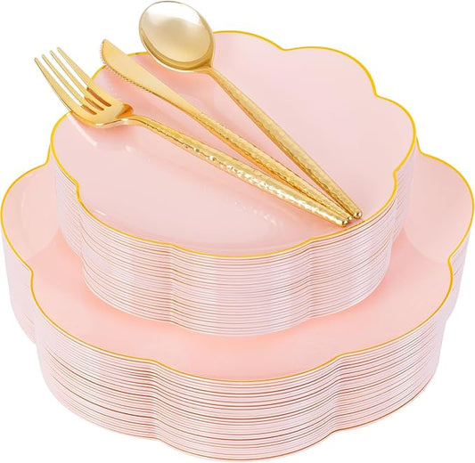 LIYH 150 Pcs Pink Dinnerware Set Pink Plastic Plates and Gold Silverware Set Gold Flower Edge Design Flower Plates Suitable for Wedding Birthday Bridal Shower(30 Guests)