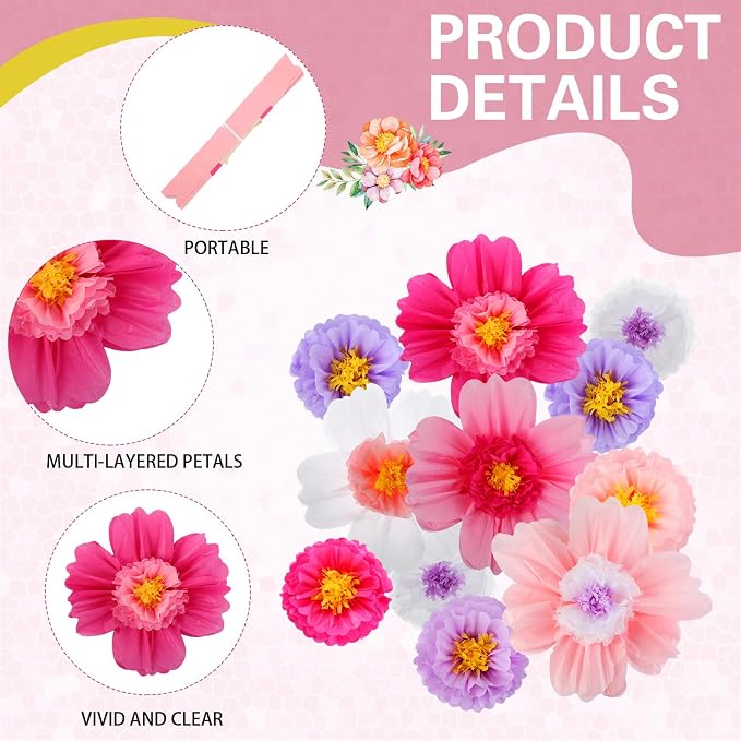 Crowye 24 Pcs Large Colorful Tissue Paper Flowers Decorations Giant Fiesta Craft Crepe Paper Flowers for Wall Decor Backdrop Mexican Wedding Birthday Carnival Party (10'' 20'',Bright Color)