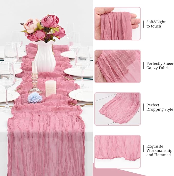 24 Pack Dusty Rose heesecloth Table Runner ,10FT Cheese Cloth Table Runner for Wedding Decor, 20x120inch Rustic Boho Gauze Table Runners for Wedding Party Bridal Shower